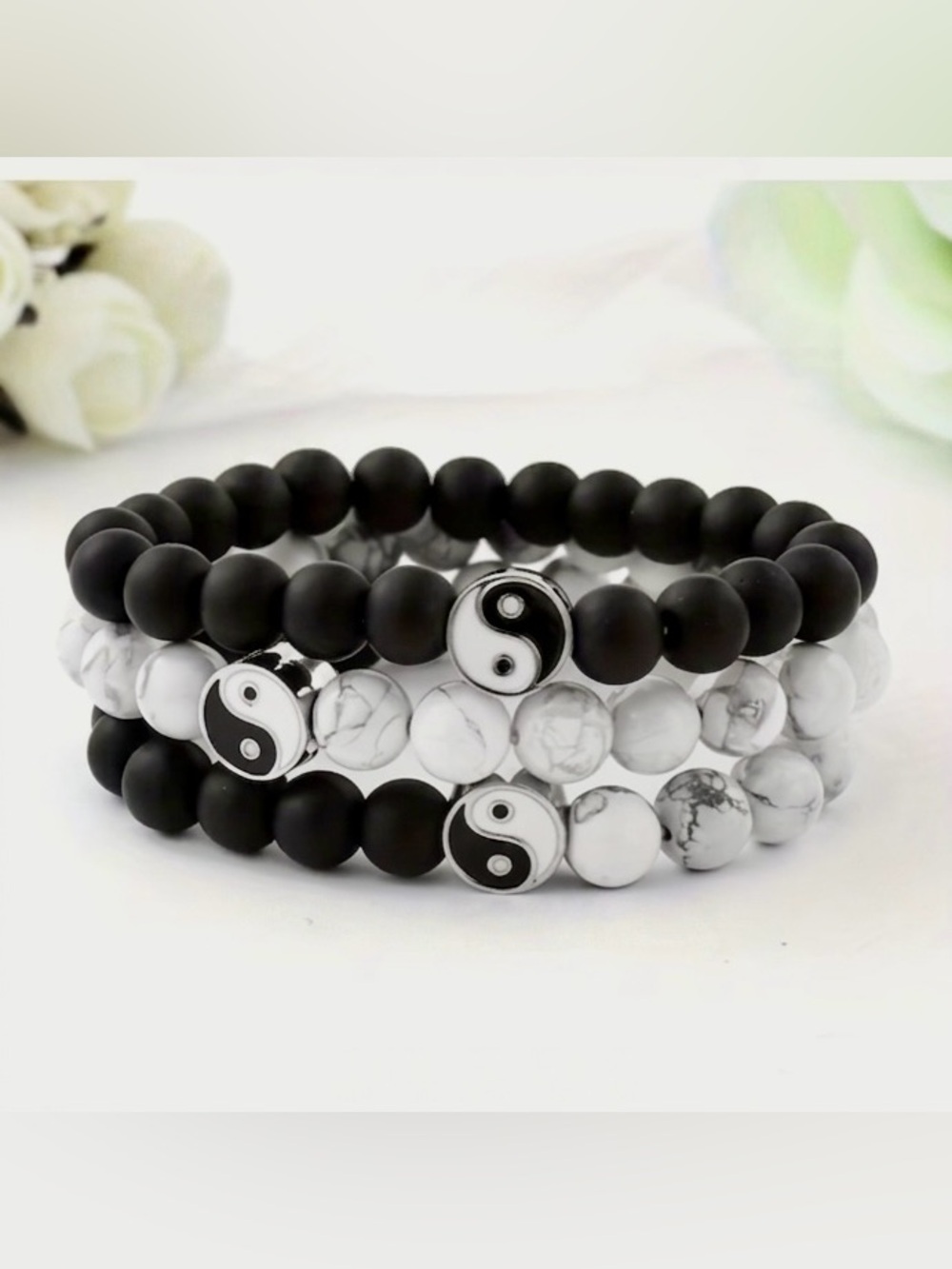 Yin Yang Beaded Stretch Bracelet Set - Black and White
